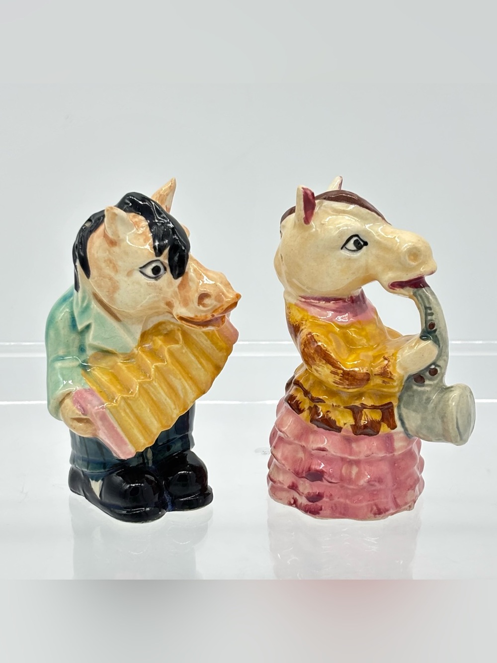 Vintage Japan Anthropomorphic MCM Whimsical Horse Figural Salt Pepper Shaker Set